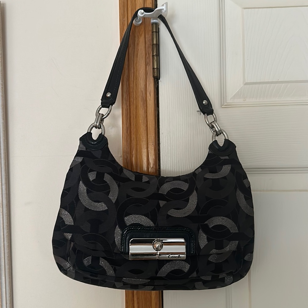 Coach Vintage Signature C Black/Gray/Silver/Light Green Canvas Shoulder Bag.